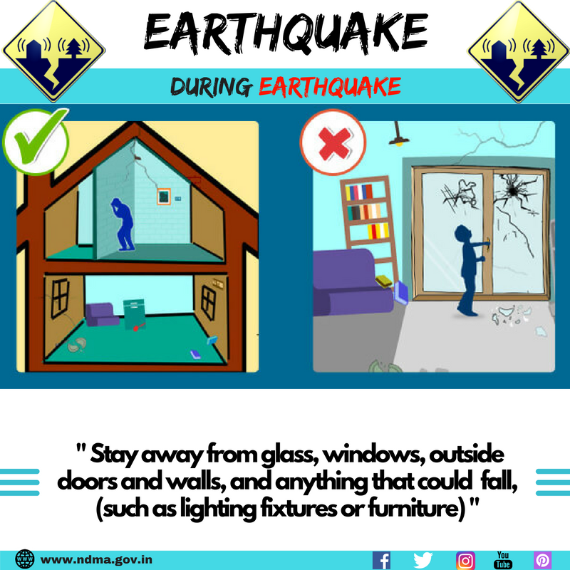 Stay away from glass, windows, outside doors and walls and anything that could fall, such as lighting fixtures or furniture. 